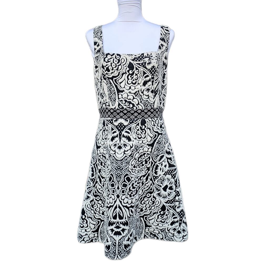 Anthro Fit Flare Dress Valery Size M Black White Floral Sleeveless Square Neck